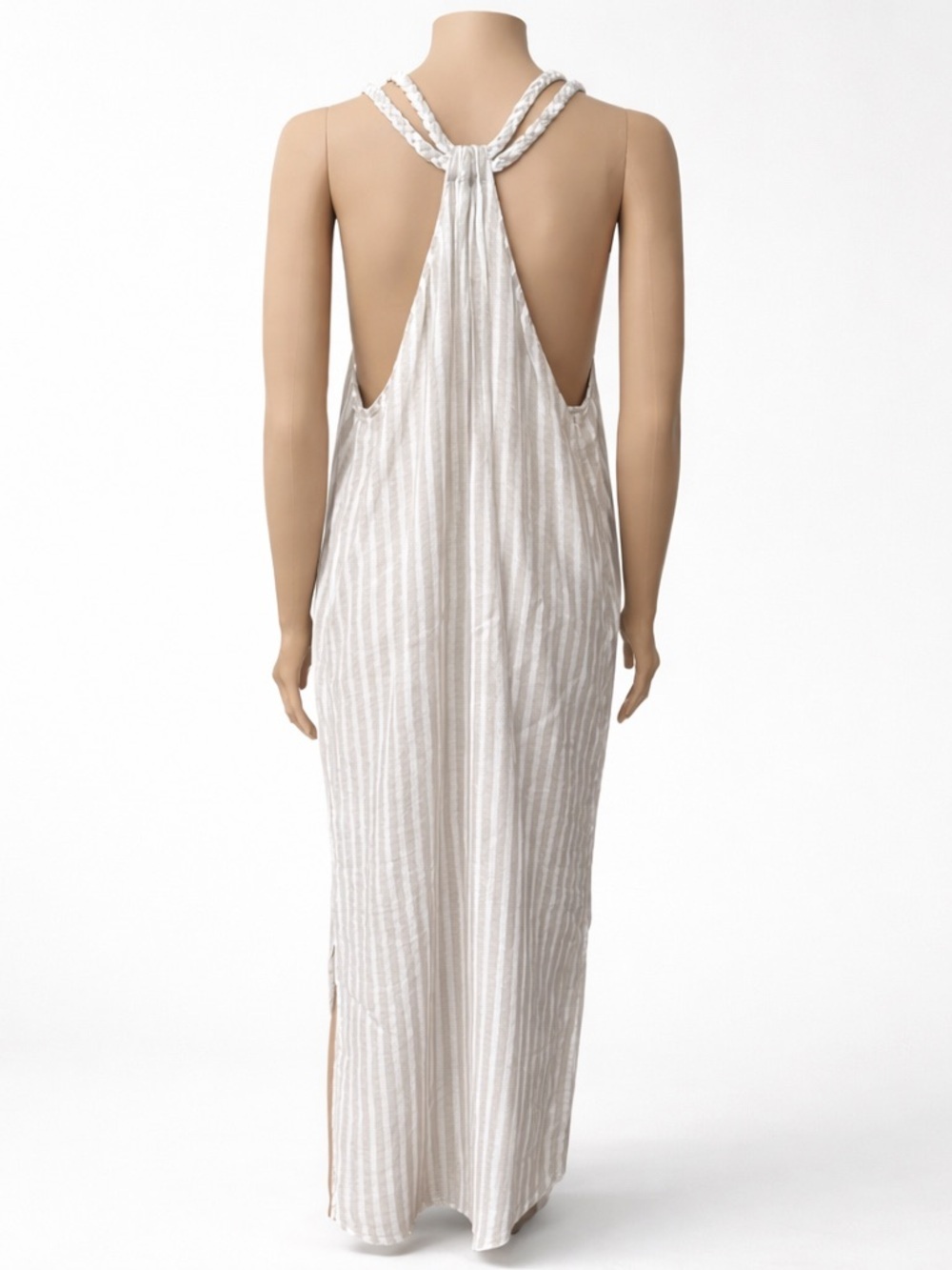 Rachel Ashwell Dress L Boho Striped Maxi Beige White Gold Braided Strap … - Picture 4 of 9